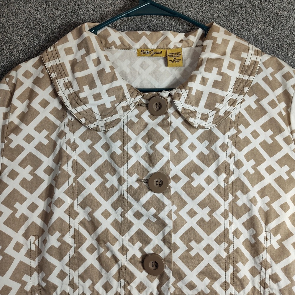 Oh Gussie Lattice Print Jacket Women XL Bell Sleeve Tan Off White Good